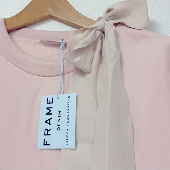 NWT Frame Denim Crewneck Long Sleeve Sweatshirt Pink S with silk bow cotton - Picture 5 of 9